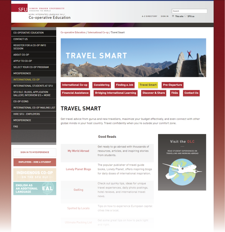 screenshot of travel smart website
